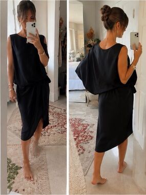 KES NYC Little Black Dress Silk Draped One Shoulder NWOT Luxe LBD